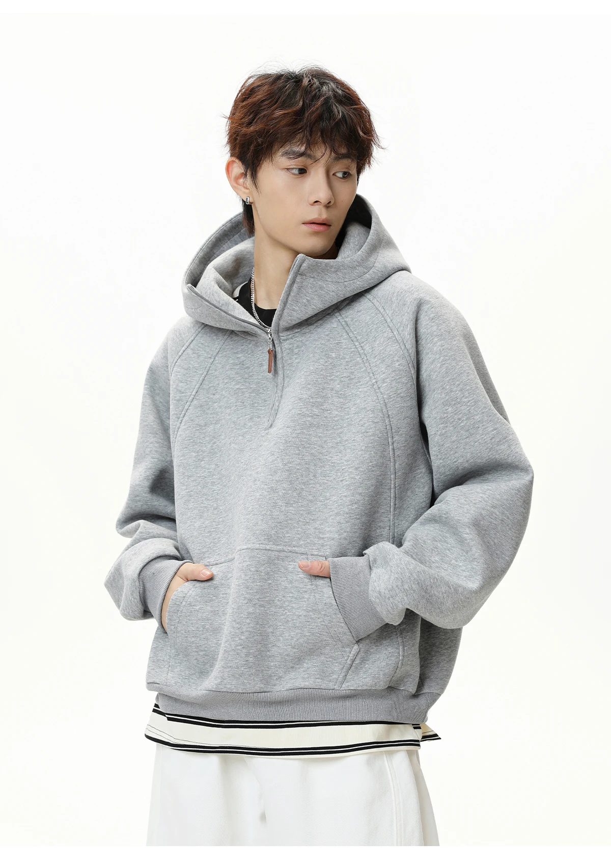 HANGLU 2025 Men Women Heavyweight Half Zip Hoodie Ribbed High Neck Minimalist Streetwear Couple Unisex Pullover Sweatshirt