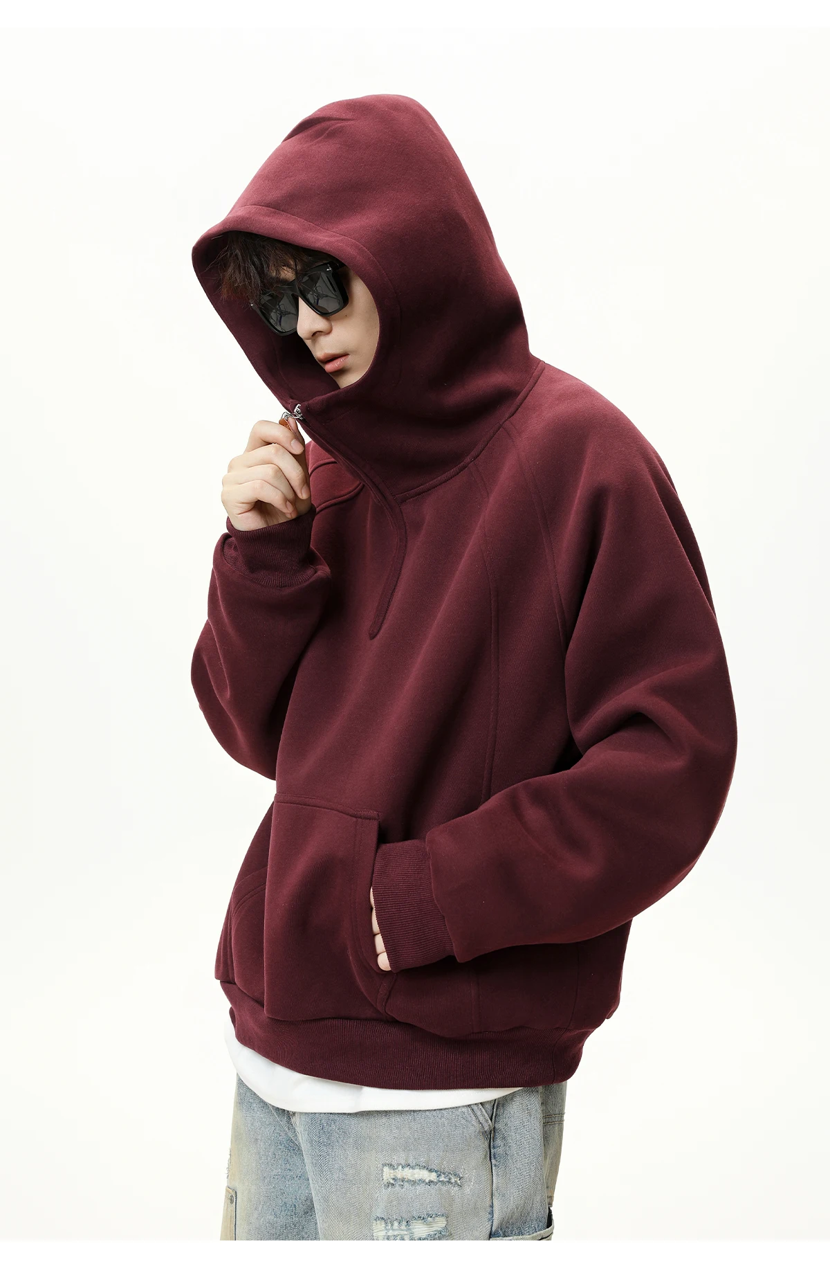 HANGLU 2025 Men Women Heavyweight Half Zip Hoodie Ribbed High Neck Minimalist Streetwear Couple Unisex Pullover Sweatshirt