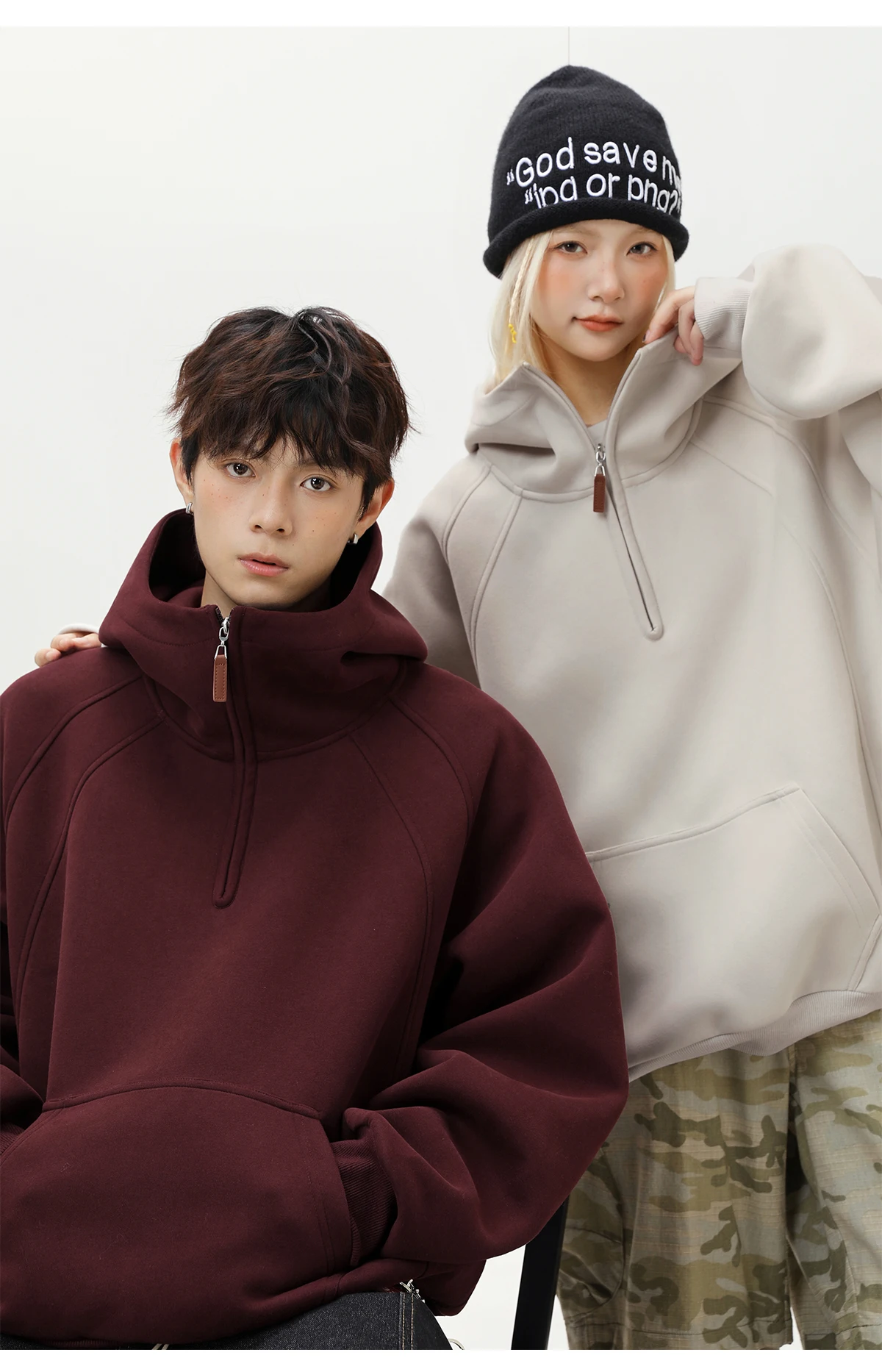 HANGLU 2025 Men Women Heavyweight Half Zip Hoodie Ribbed High Neck Minimalist Streetwear Couple Unisex Pullover Sweatshirt