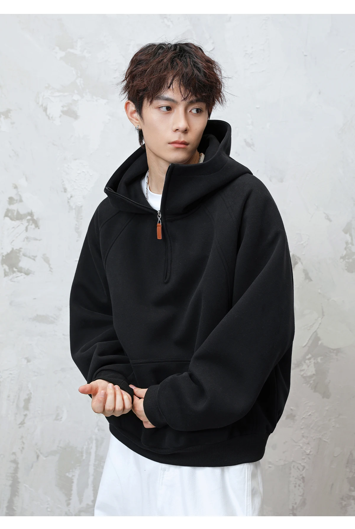 HANGLU 2025 Men Women Heavyweight Half Zip Hoodie Ribbed High Neck Minimalist Streetwear Couple Unisex Pullover Sweatshirt