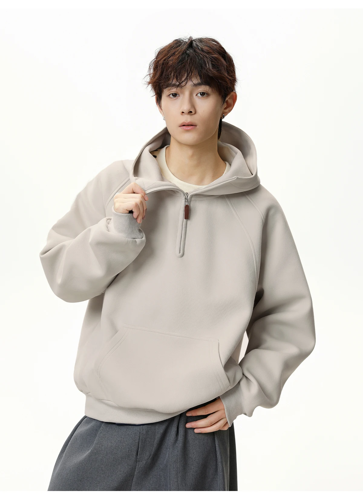 HANGLU 2025 Men Women Heavyweight Half Zip Hoodie Ribbed High Neck Minimalist Streetwear Couple Unisex Pullover Sweatshirt