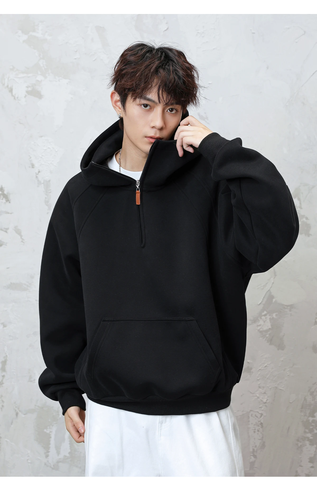 HANGLU 2025 Men Women Heavyweight Half Zip Hoodie Ribbed High Neck Minimalist Streetwear Couple Unisex Pullover Sweatshirt