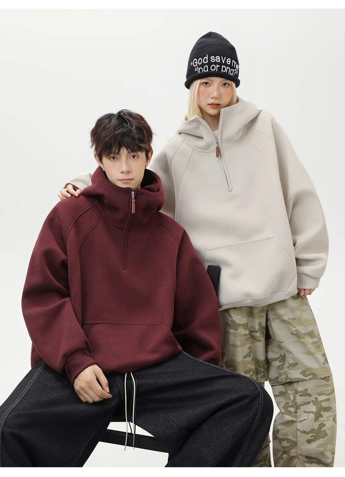 HANGLU 2025 Men Women Heavyweight Half Zip Hoodie Ribbed High Neck Minimalist Streetwear Couple Unisex Pullover Sweatshirt