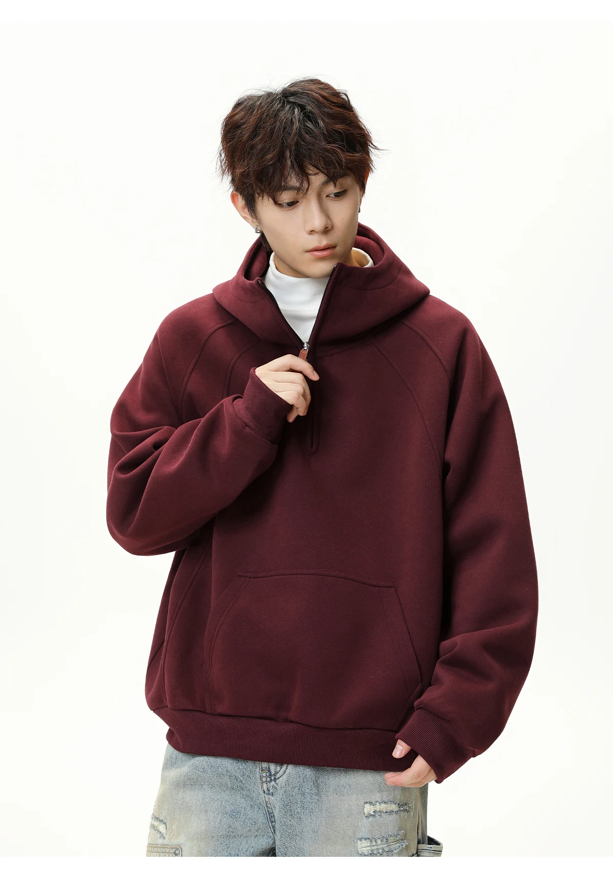 HANGLU 2025 Men Women Heavyweight Half Zip Hoodie Ribbed High Neck Minimalist Streetwear Couple Unisex Pullover Sweatshirt