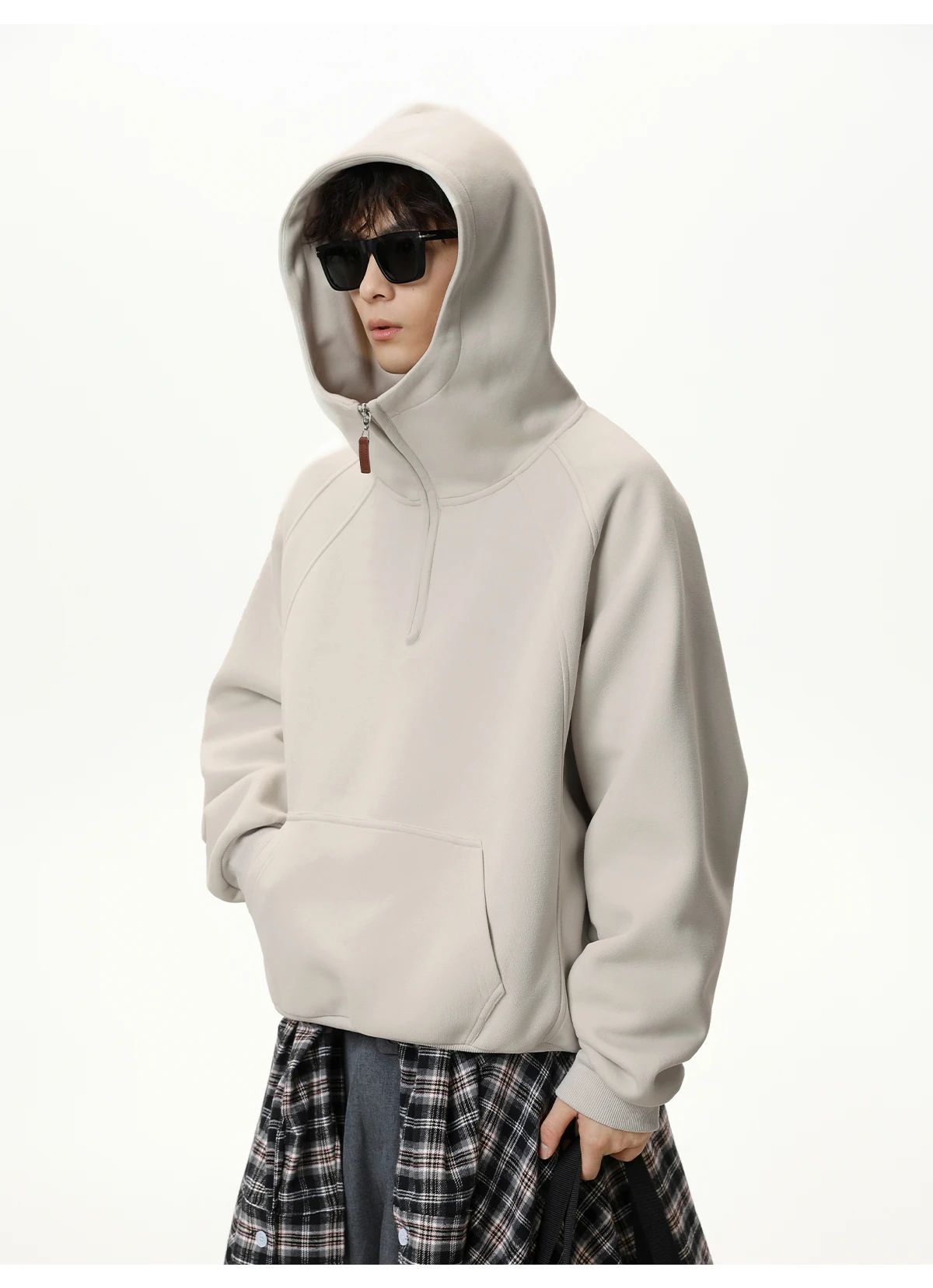 HANGLU 2025 Men Women Heavyweight Half Zip Hoodie Ribbed High Neck Minimalist Streetwear Couple Unisex Pullover Sweatshirt