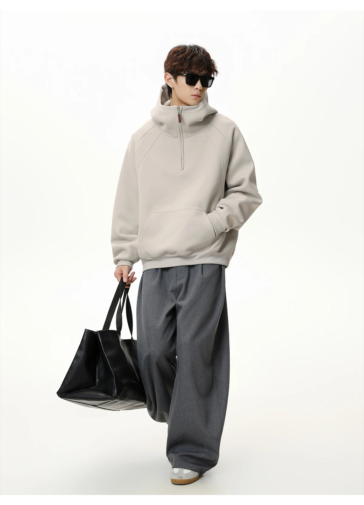 HANGLU 2025 Men Women Heavyweight Half Zip Hoodie Ribbed High Neck Minimalist Streetwear Couple Unisex Pullover Sweatshirt