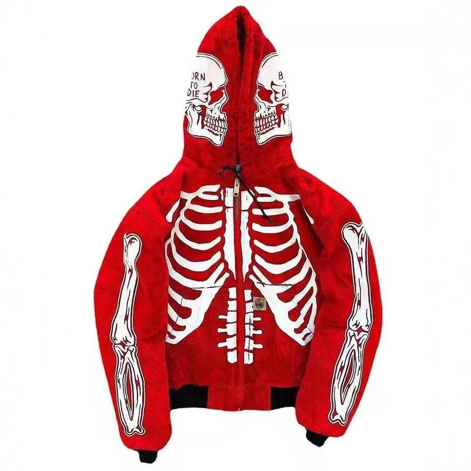 Skull Print Hooded Long Sve Sweatirt Casual Loose Fit Youthful Printed Hoodie Zipper Closure Comfortable Spring Autumn Top