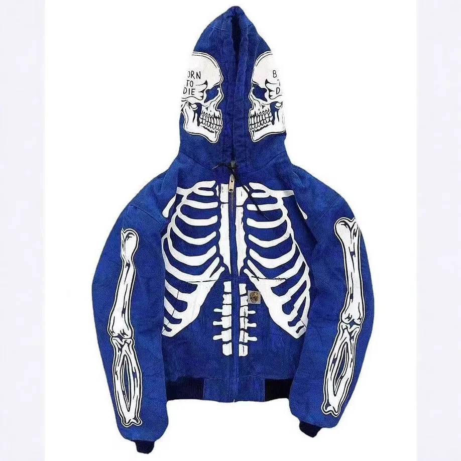 Skull Print Hooded Long Sve Sweatirt Casual Loose Fit Youthful Printed Hoodie Zipper Closure Comfortable Spring Autumn Top