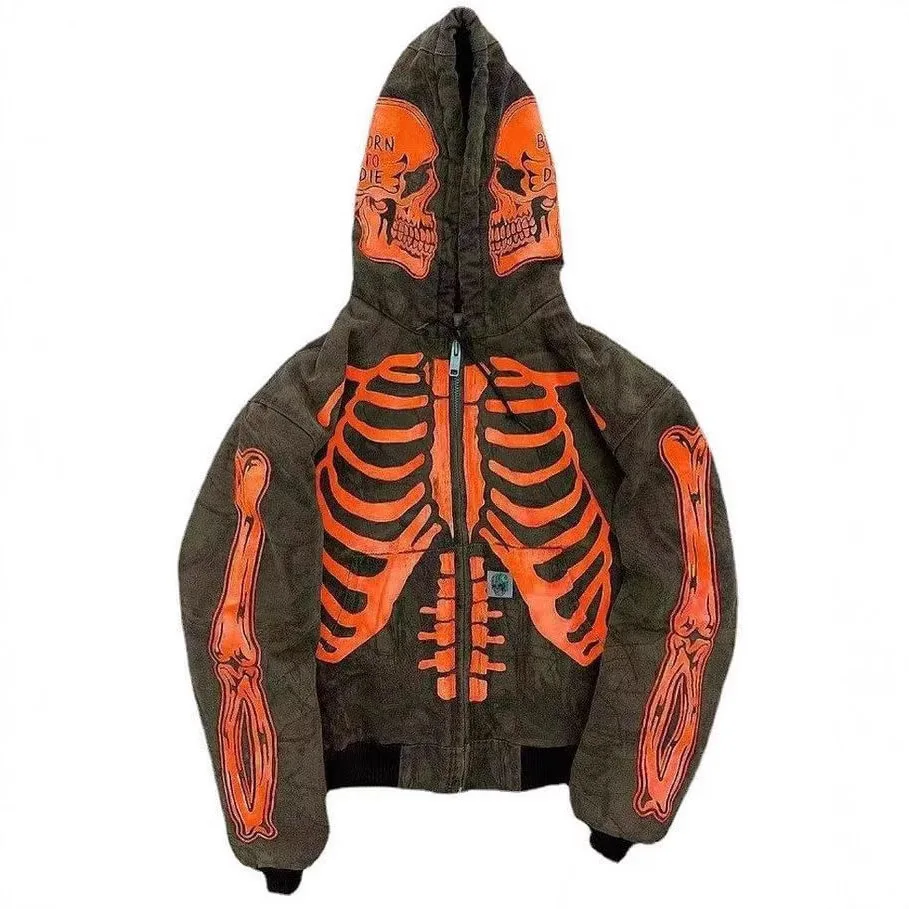 Skull Print Hooded Long Sve Sweatirt Casual Loose Fit Youthful Printed Hoodie Zipper Closure Comfortable Spring Autumn Top