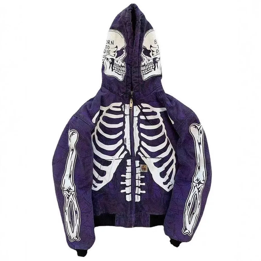 Skull Print Hooded Long Sve Sweatirt Casual Loose Fit Youthful Printed Hoodie Zipper Closure Comfortable Spring Autumn Top
