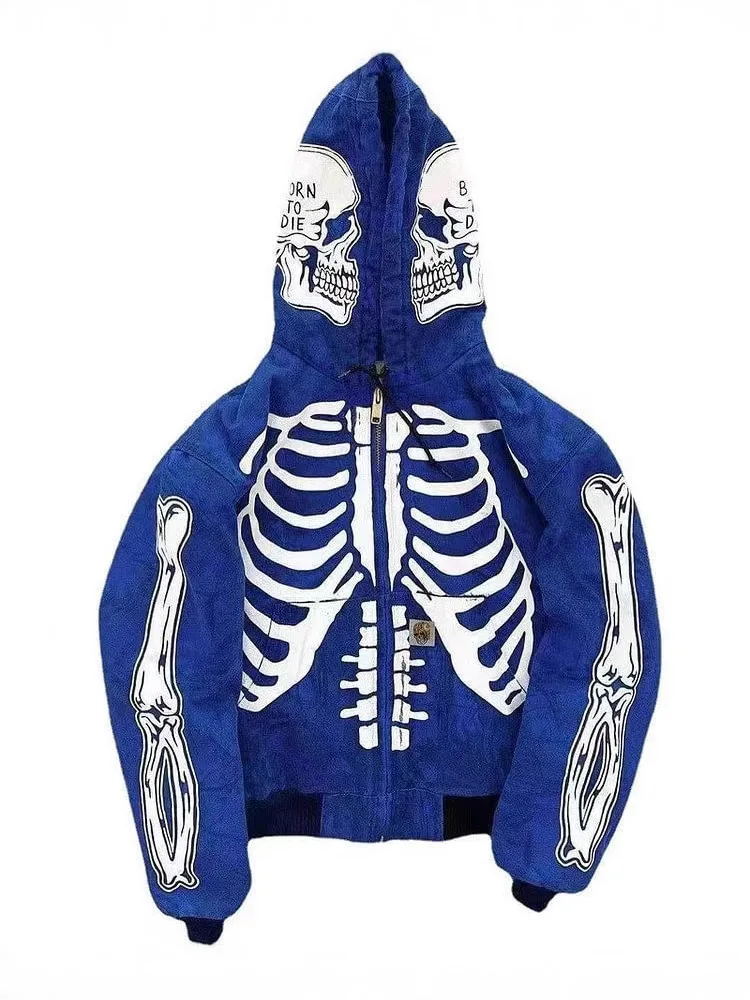 Skull Print Hooded Long Sve Sweatirt Casual Loose Fit Youthful Printed Hoodie Zipper Closure Comfortable Spring Autumn Top