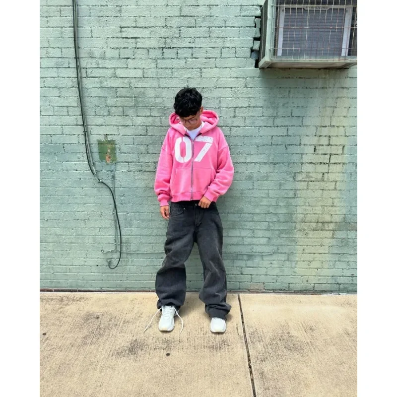 Men 07 Yellow Hoodie American Retro Graphic Print Cotton Thickened Oversized Streetwear Pullover Casual Sweatshirt Fall Winter