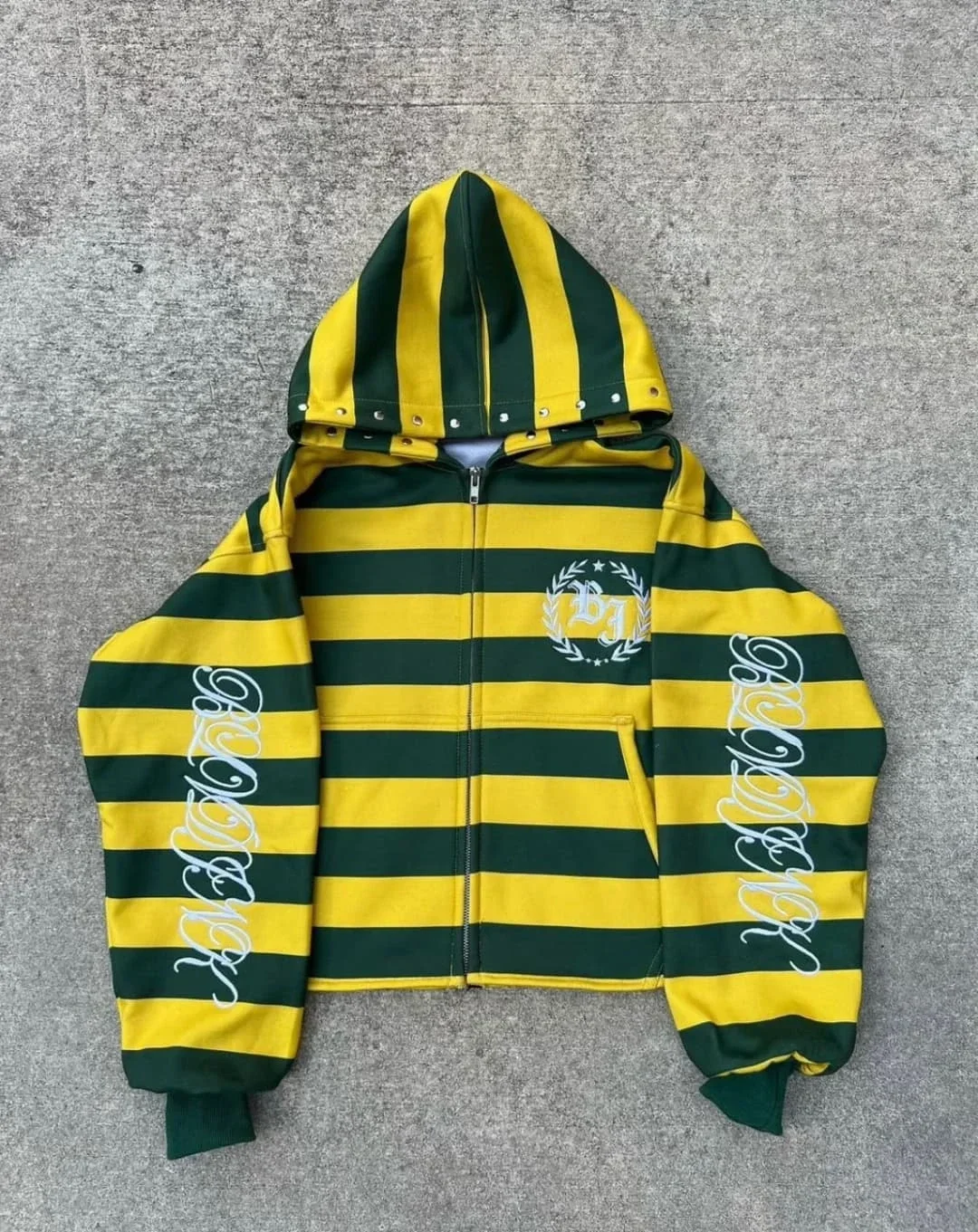 Men Casual Yellow and Green Striped Zip Up Hooded Sweatshirt American Streetwear Retro Campus Sports Style with Rivet Decoration
