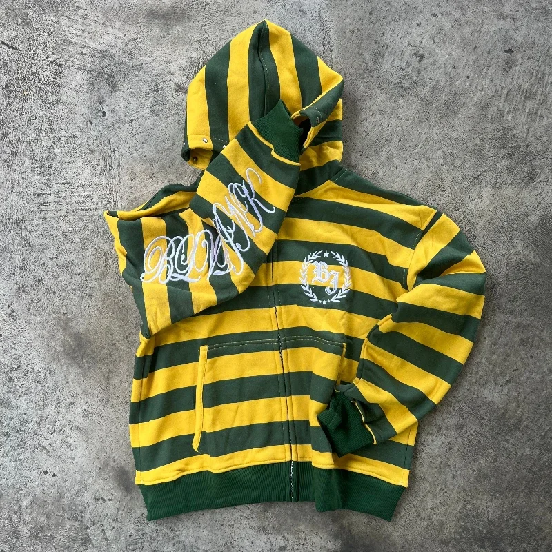 Men Casual Yellow and Green Striped Zip Up Hooded Sweatshirt American Streetwear Retro Campus Sports Style with Rivet Decoration