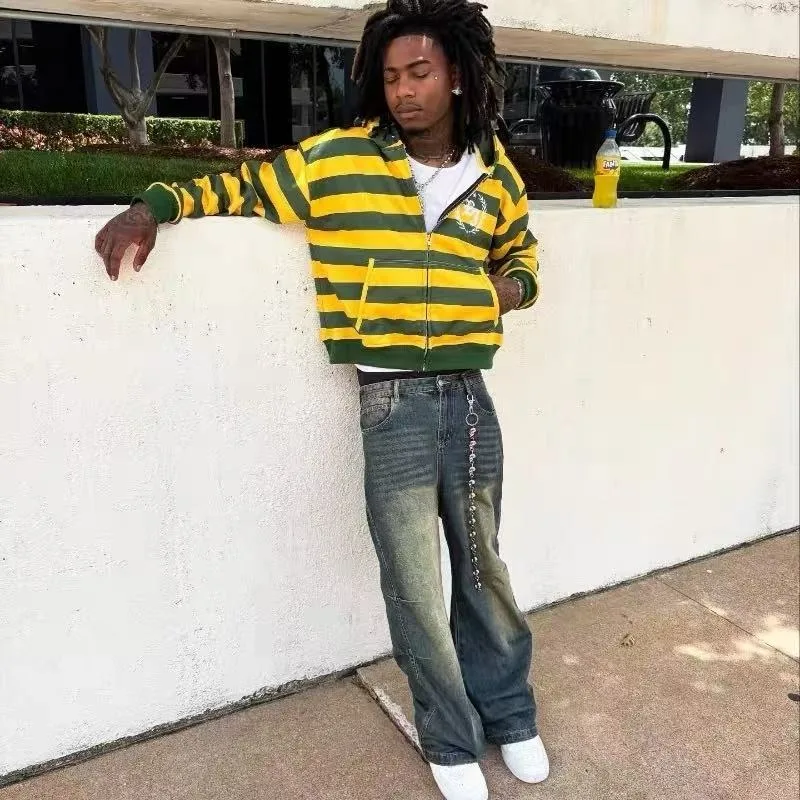 Men Casual Yellow and Green Striped Zip Up Hooded Sweatshirt American Streetwear Retro Campus Sports Style with Rivet Decoration