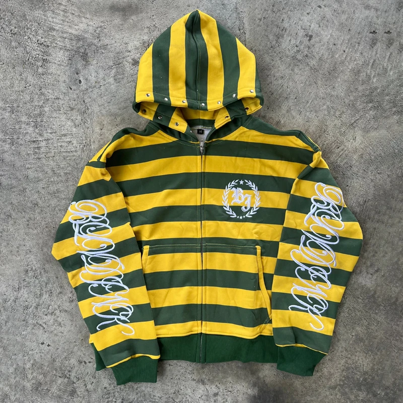 Men Casual Yellow and Green Striped Zip Up Hooded Sweatshirt American Streetwear Retro Campus Sports Style with Rivet Decoration