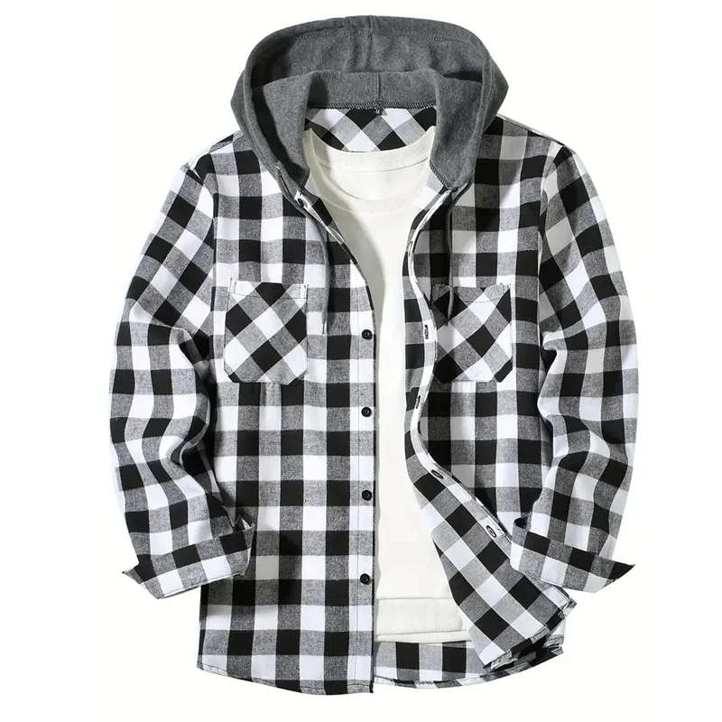 Spring Autumn Men Hoodie Sweatshirt Classic Plaid Casual Button Hooded Long Sleeve Coat Double Pockets Hoodie Men Cardigan Tops