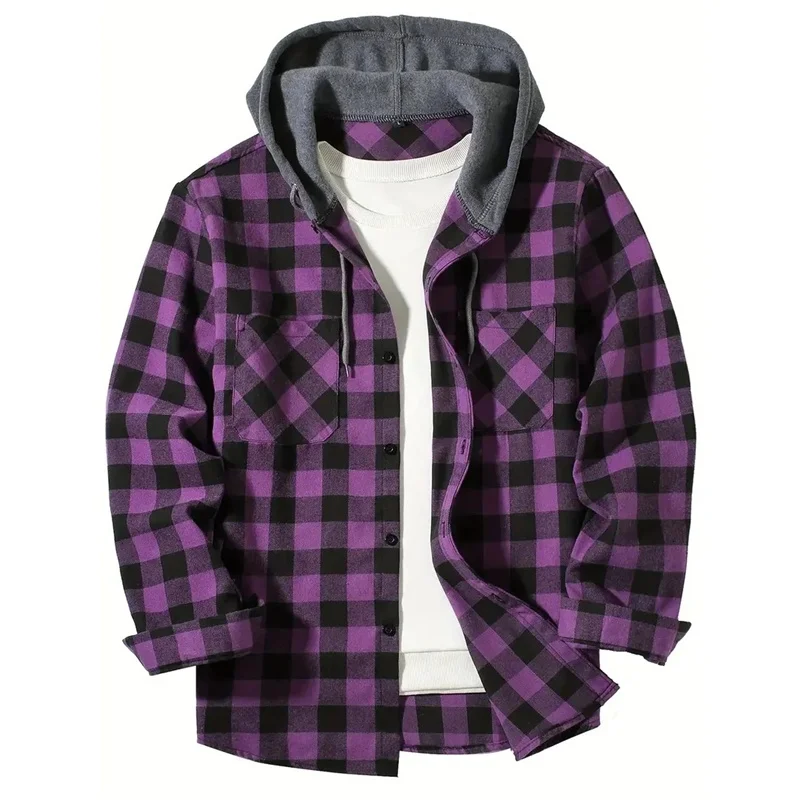 Spring Autumn Men Hoodie Sweatshirt Classic Plaid Casual Button Hooded Long Sleeve Coat Double Pockets Hoodie Men Cardigan Tops