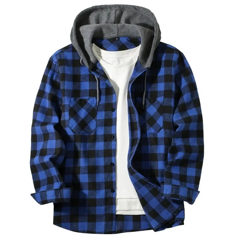 Spring Autumn Men Hoodie Sweatshirt Classic Plaid Casual Button Hooded Long Sleeve Coat Double Pockets Hoodie Men Cardigan Tops