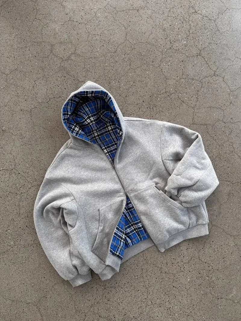 Vintage Reversible Plaid Lining Zipper Hoodie Unisex Gray Sweatshirt with Blue Tartan Inner Y2K Casual Streetwear men clothing