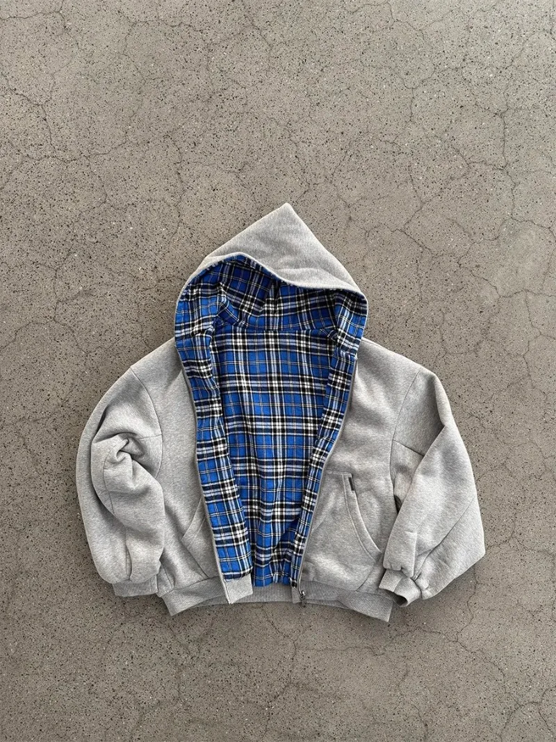 Vintage Reversible Plaid Lining Zipper Hoodie Unisex Gray Sweatshirt with Blue Tartan Inner Y2K Casual Streetwear men clothing