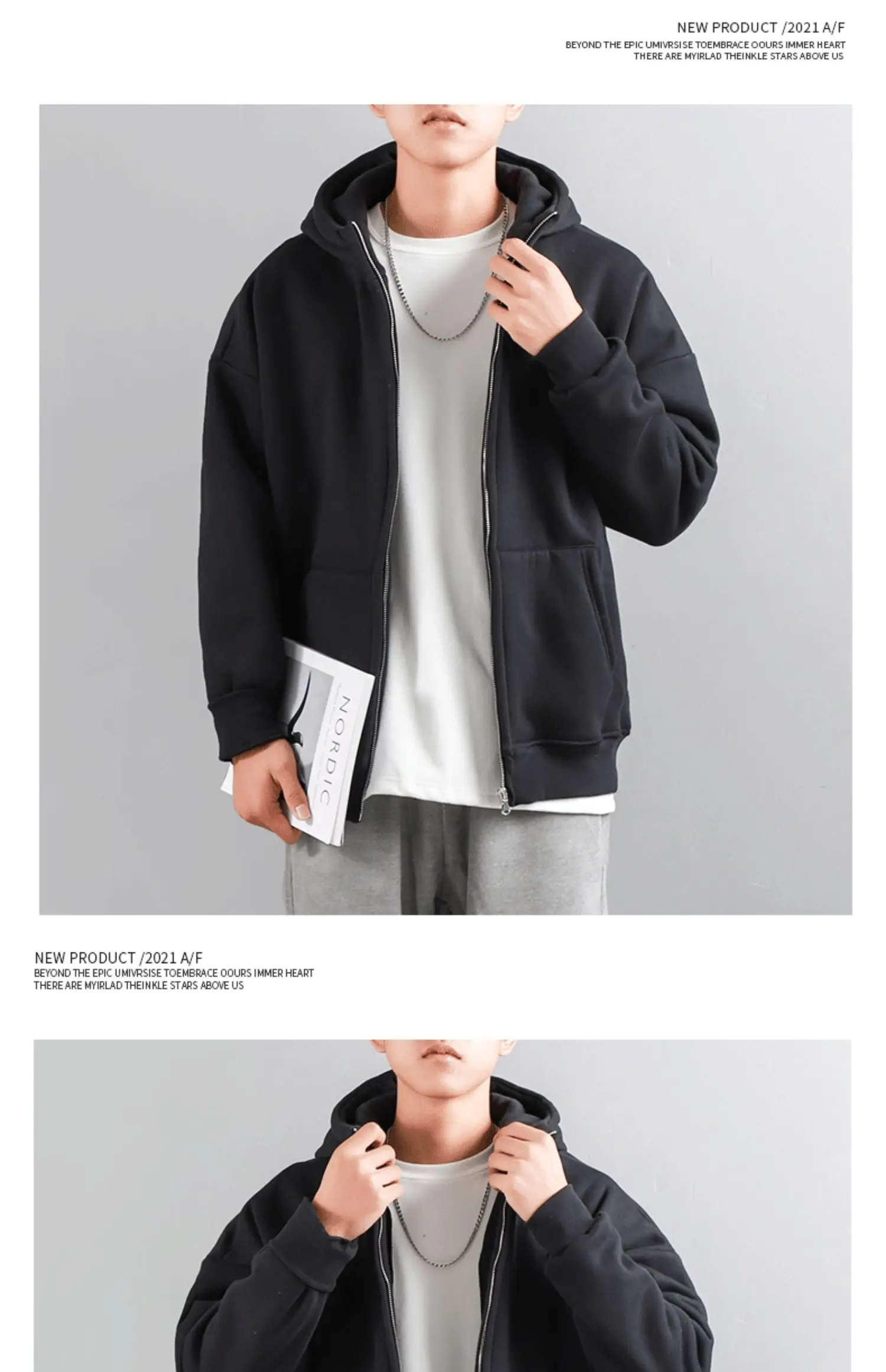 Dukeen Winter Hoodies for Men with Fleece Thicken Warm Zip-Up Hooded Shirt Casual Solid Color Woman Clothing White Black Coat