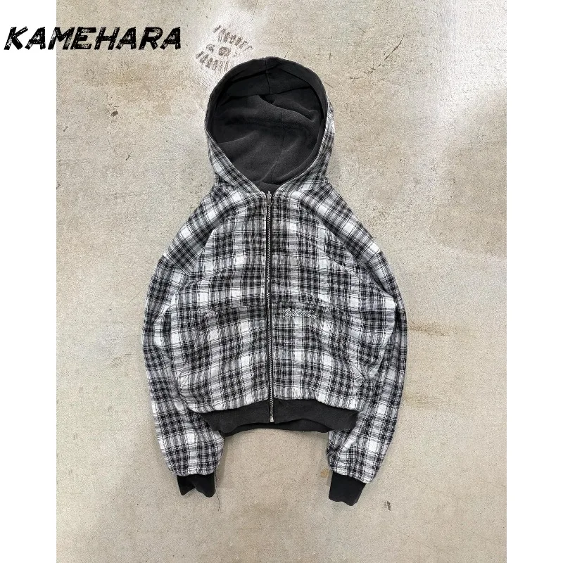 KAMEHARA American Retro Reversible Plaid Zipper Hoodie Sweatshirt Mens Womens Casual Plaid Hoodies Solid Color Lining Y2K 골프웨어