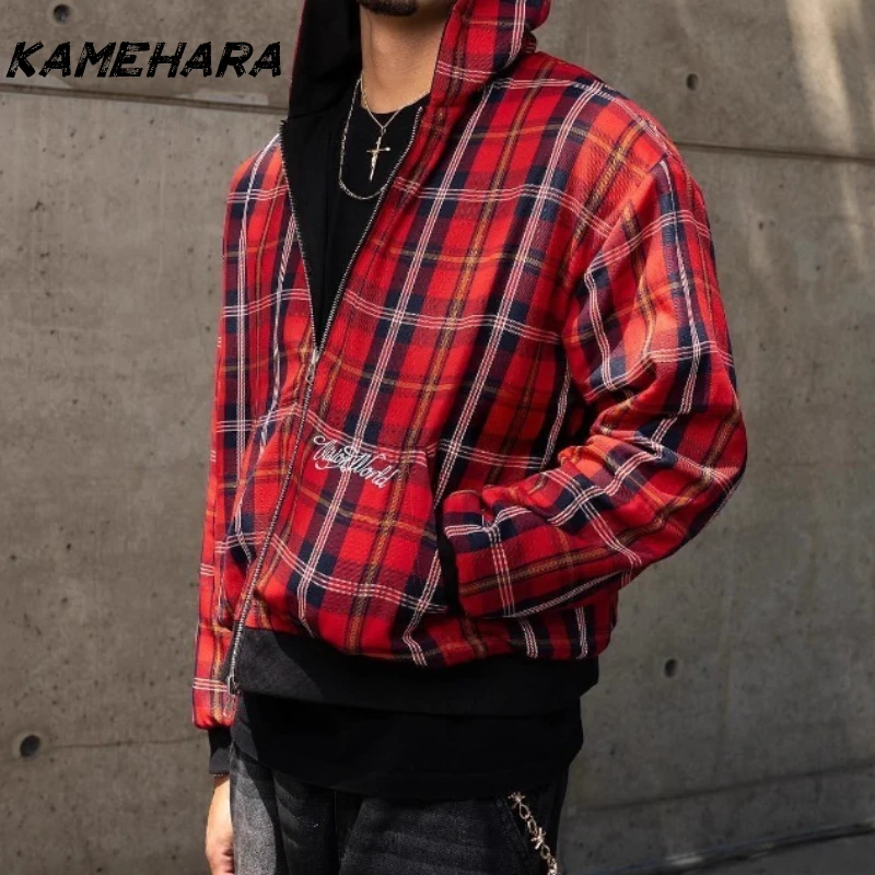 KAMEHARA American Retro Reversible Plaid Zipper Hoodie Sweatshirt Mens Womens Casual Plaid Hoodies Solid Color Lining Y2K 골프웨어