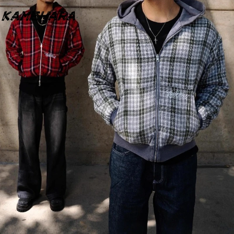 KAMEHARA American Retro Reversible Plaid Zipper Hoodie Sweatshirt Mens Womens Casual Plaid Hoodies Solid Color Lining Y2K 골프웨어