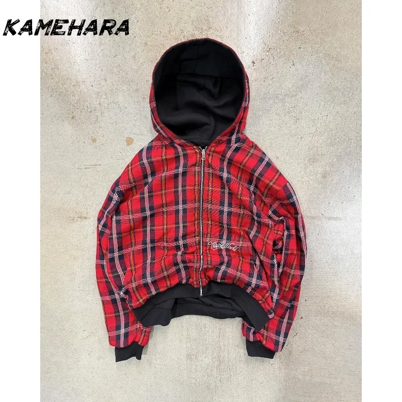 KAMEHARA American Retro Reversible Plaid Zipper Hoodie Sweatshirt Mens Womens Casual Plaid Hoodies Solid Color Lining Y2K 골프웨어