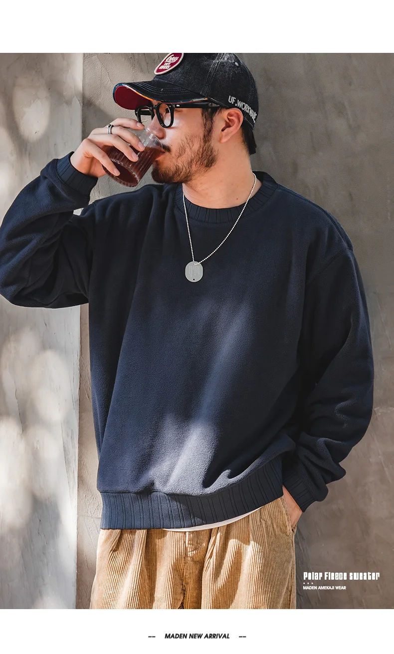 MADEN Men Polar Fleece Sweatshirt Autumn Winter Long Sleeve Round Neck Pullover Warm Thickened Bottom Shirt Black Sweatshirt