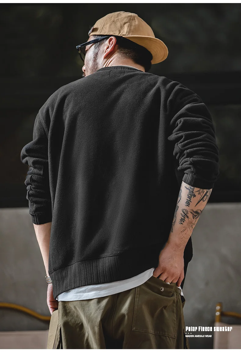MADEN Men Polar Fleece Sweatshirt Autumn Winter Long Sleeve Round Neck Pullover Warm Thickened Bottom Shirt Black Sweatshirt