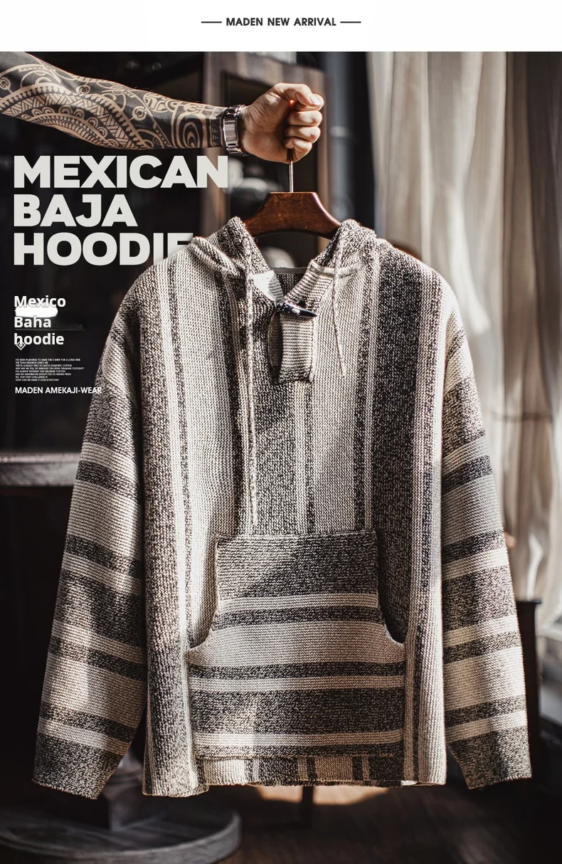 Maden Men's Mexican Style Baja Hoodie Stripe Knit Pullover with Half-Zip Lightweight Loose Fit Sweatshirt for Spring and Autumn