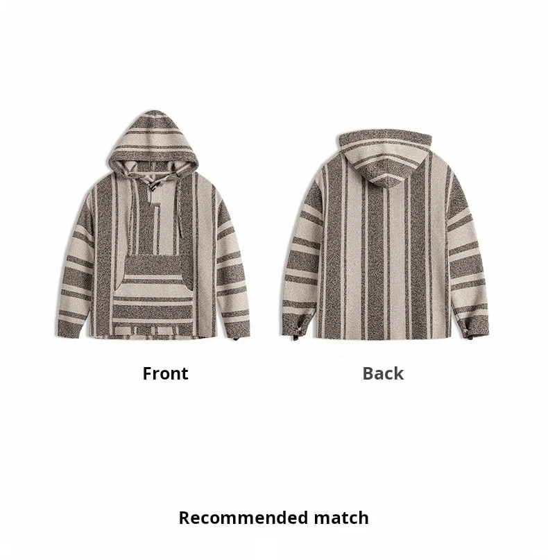 Maden Men's Mexican Style Baja Hoodie Stripe Knit Pullover with Half-Zip Lightweight Loose Fit Sweatshirt for Spring and Autumn