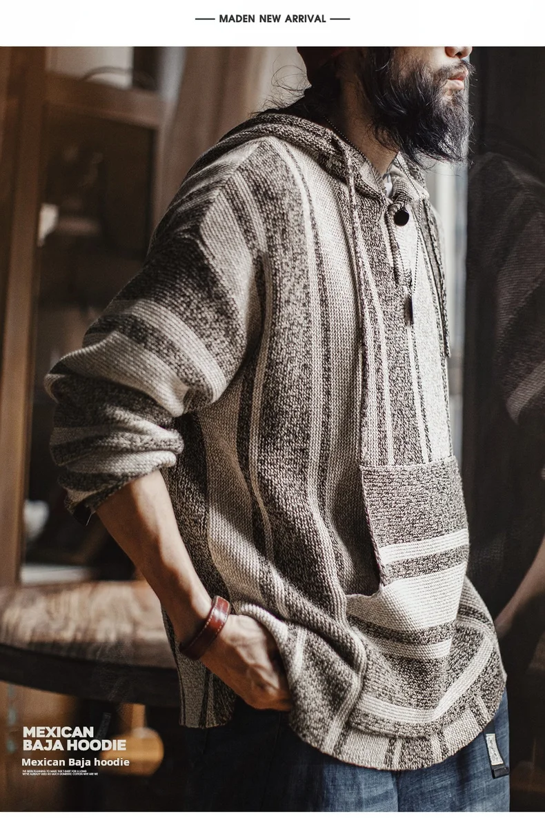 Maden Men's Mexican Style Baja Hoodie Stripe Knit Pullover with Half-Zip Lightweight Loose Fit Sweatshirt for Spring and Autumn