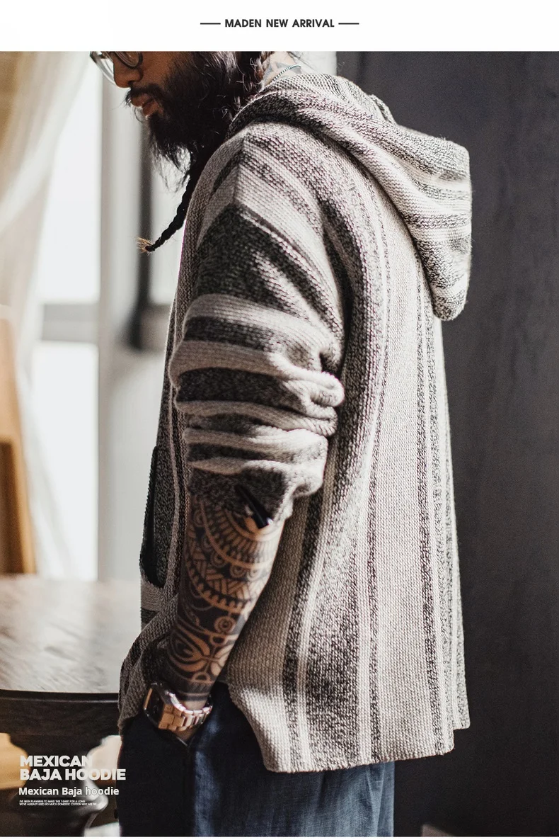 Maden Men's Mexican Style Baja Hoodie Stripe Knit Pullover with Half-Zip Lightweight Loose Fit Sweatshirt for Spring and Autumn