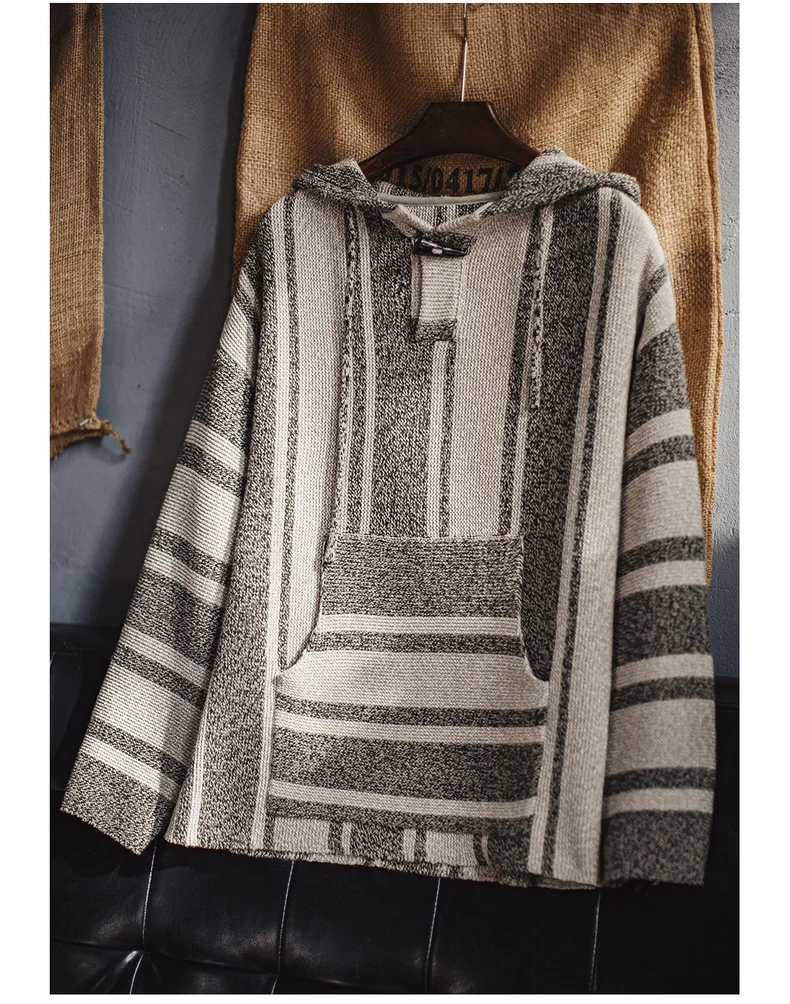Maden Men's Mexican Style Baja Hoodie Stripe Knit Pullover with Half-Zip Lightweight Loose Fit Sweatshirt for Spring and Autumn