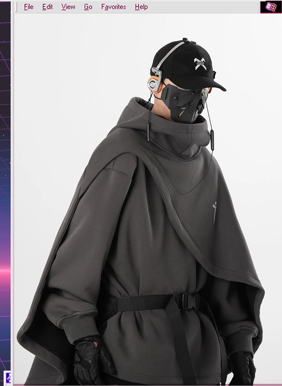 ARENS Fashion Cloak Hoodies Men Techwear Streetwear Hoodie Pullovers Black Gray Darkwear Oversized High Collar Sweatshirt Unisex
