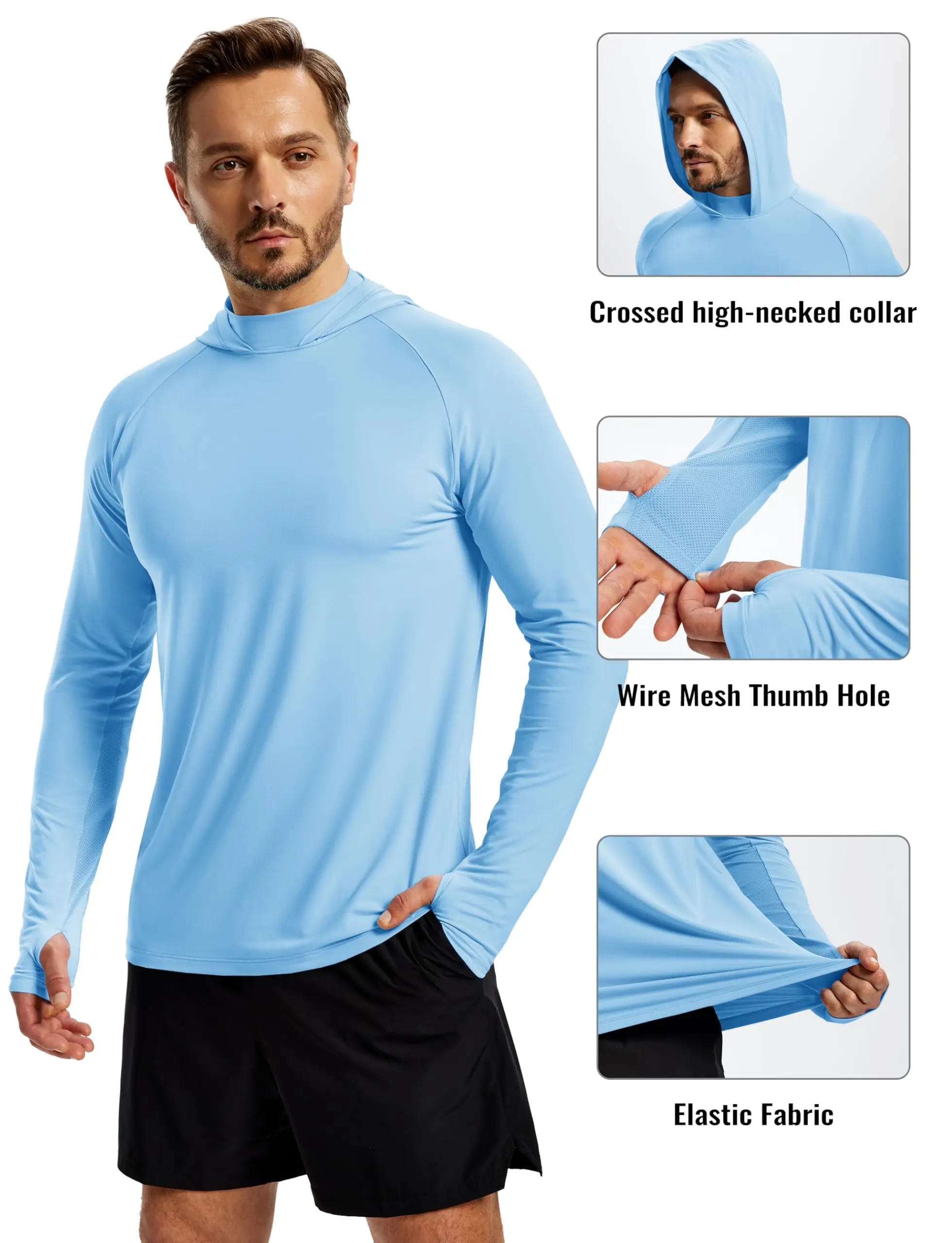 TACVASEN Men's UPF 50+ Hoodie Fishing Shirts Long Sleeve High Collar Mesh UV Sun Protection Rash Guard Swim Beach Running Hiking