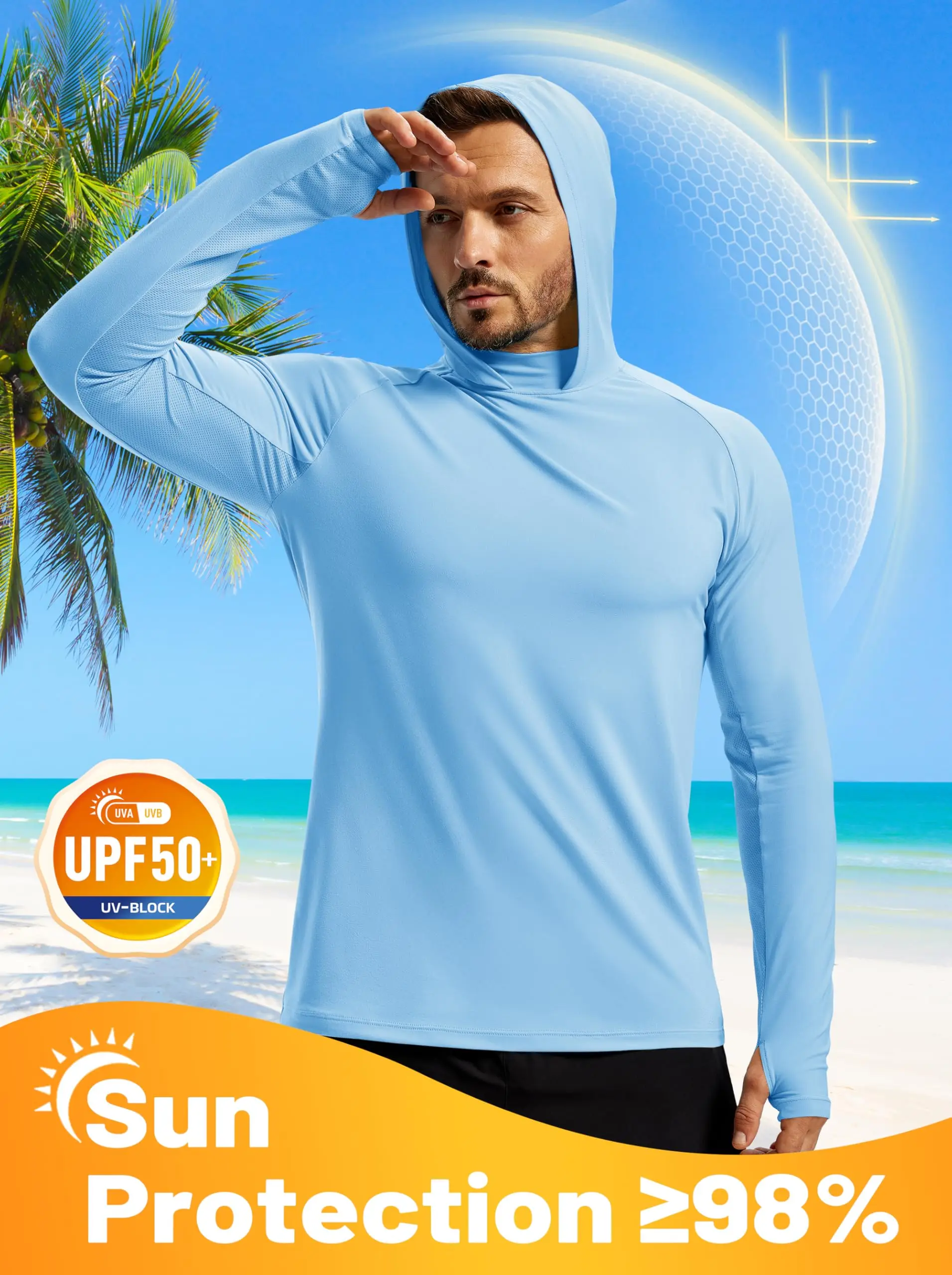 TACVASEN Men's UPF 50+ Hoodie Fishing Shirts Long Sleeve High Collar Mesh UV Sun Protection Rash Guard Swim Beach Running Hiking