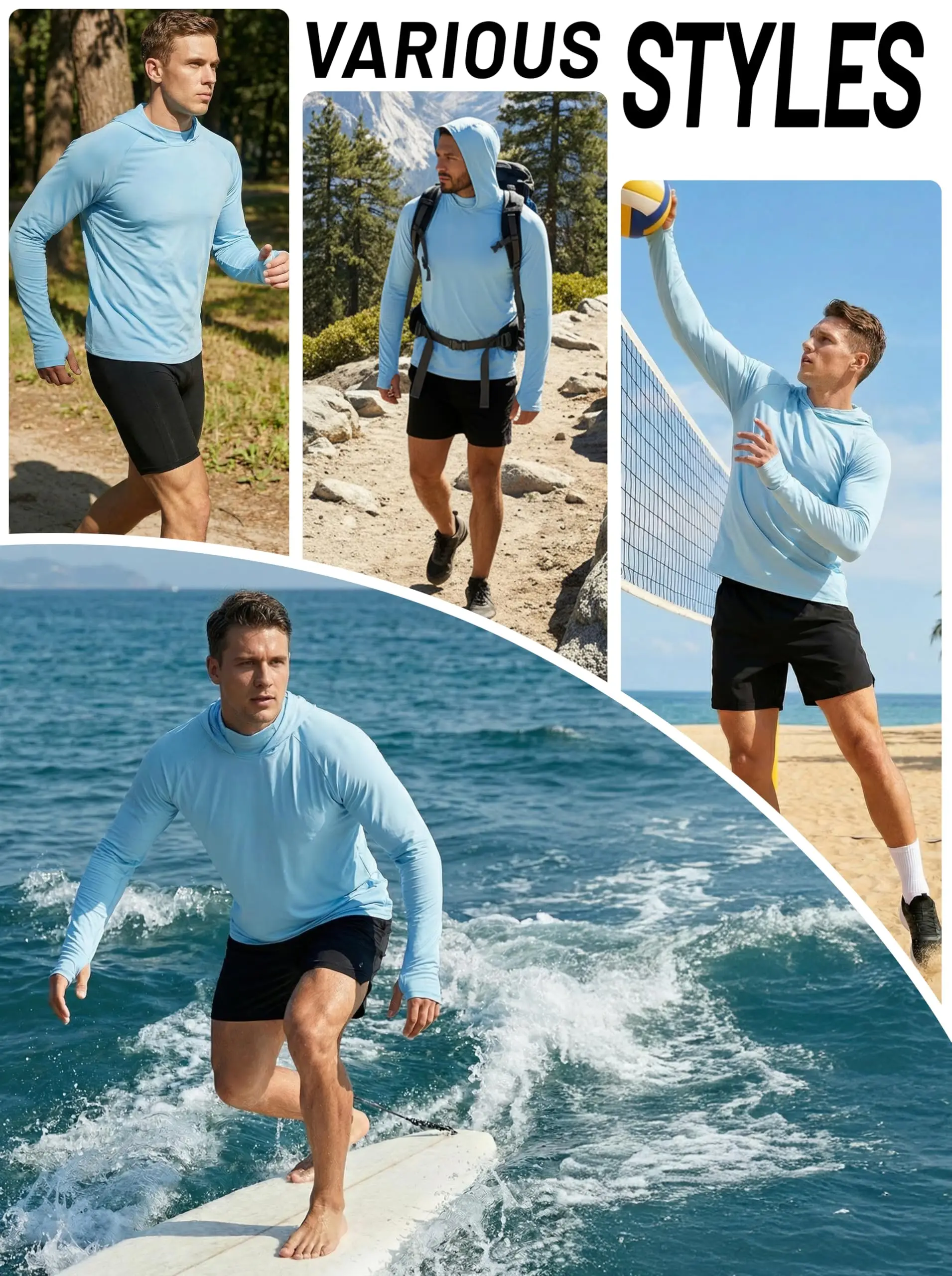 TACVASEN Men's UPF 50+ Hoodie Fishing Shirts Long Sleeve High Collar Mesh UV Sun Protection Rash Guard Swim Beach Running Hiking