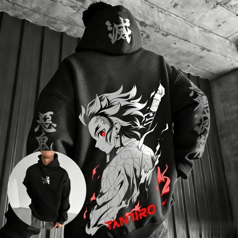 Unisex Demon Slayer Tanjiro Anime Hoodie Cotton Pullover Graphic Print Oversized Casual Streetwear Cosplay Y2k Long Sleeves Tops