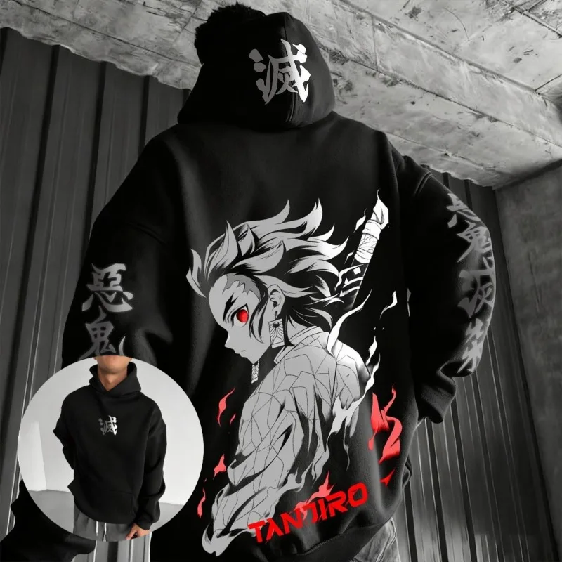Unisex Demon Slayer Tanjiro Anime Hoodie Cotton Pullover Graphic Print Oversized Casual Streetwear Cosplay Y2k Long Sleeves Tops