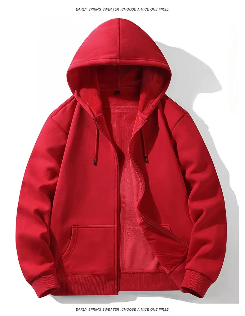 Zipper Hooded Sweatshirt Autumn Winter Fleece-lined Warm Composite Cardigan Pure Cotton Casual Men Women Base Solid Color Y2k