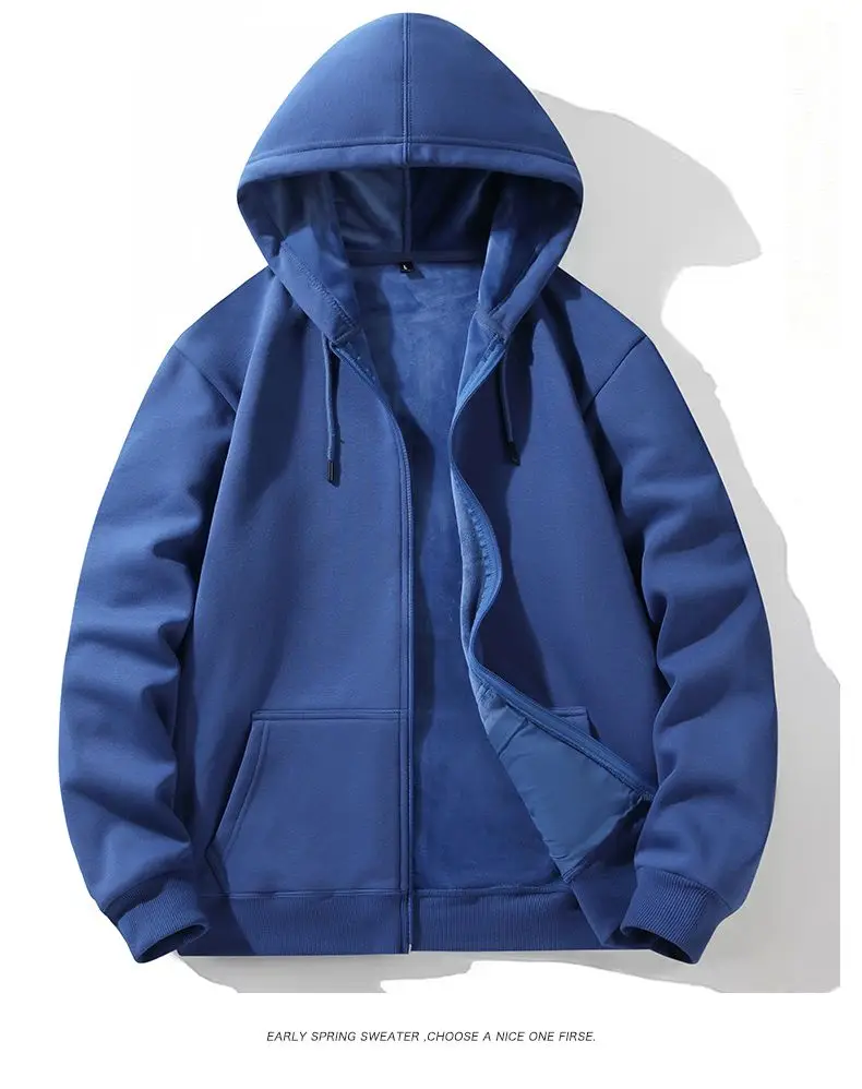 Zipper Hooded Sweatshirt Autumn Winter Fleece-lined Warm Composite Cardigan Pure Cotton Casual Men Women Base Solid Color Y2k