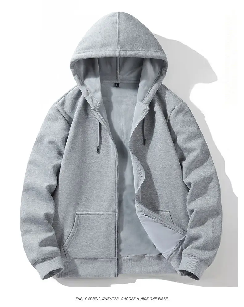 Zipper Hooded Sweatshirt Autumn Winter Fleece-lined Warm Composite Cardigan Pure Cotton Casual Men Women Base Solid Color Y2k