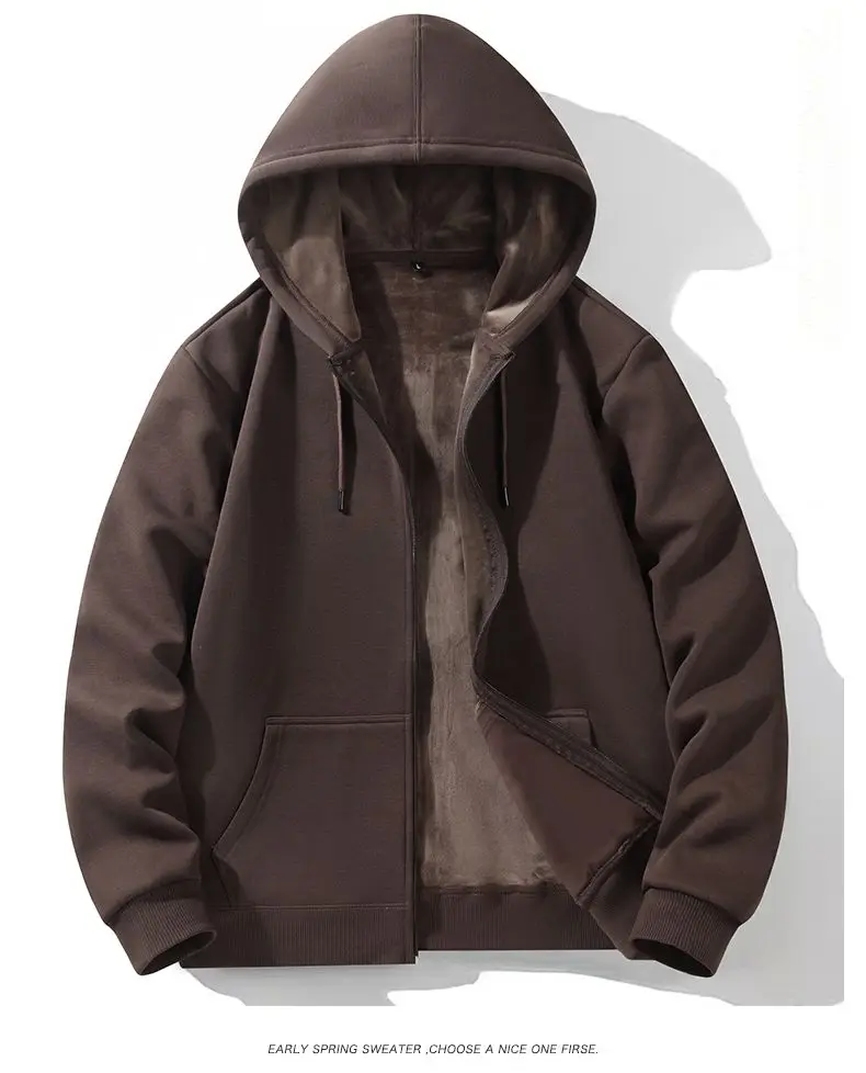 Zipper Hooded Sweatshirt Autumn Winter Fleece-lined Warm Composite Cardigan Pure Cotton Casual Men Women Base Solid Color Y2k