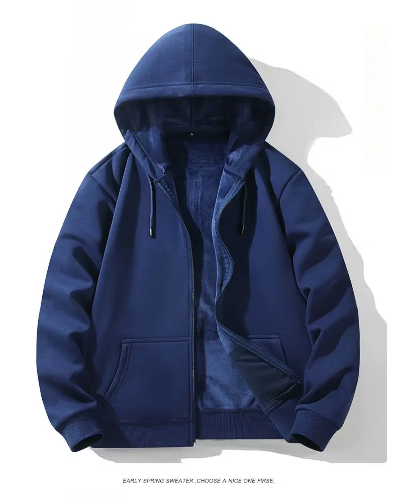 Zipper Hooded Sweatshirt Autumn Winter Fleece-lined Warm Composite Cardigan Pure Cotton Casual Men Women Base Solid Color Y2k