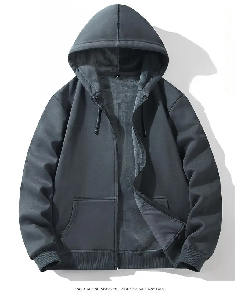 Zipper Hooded Sweatshirt Autumn Winter Fleece-lined Warm Composite Cardigan Pure Cotton Casual Men Women Base Solid Color Y2k
