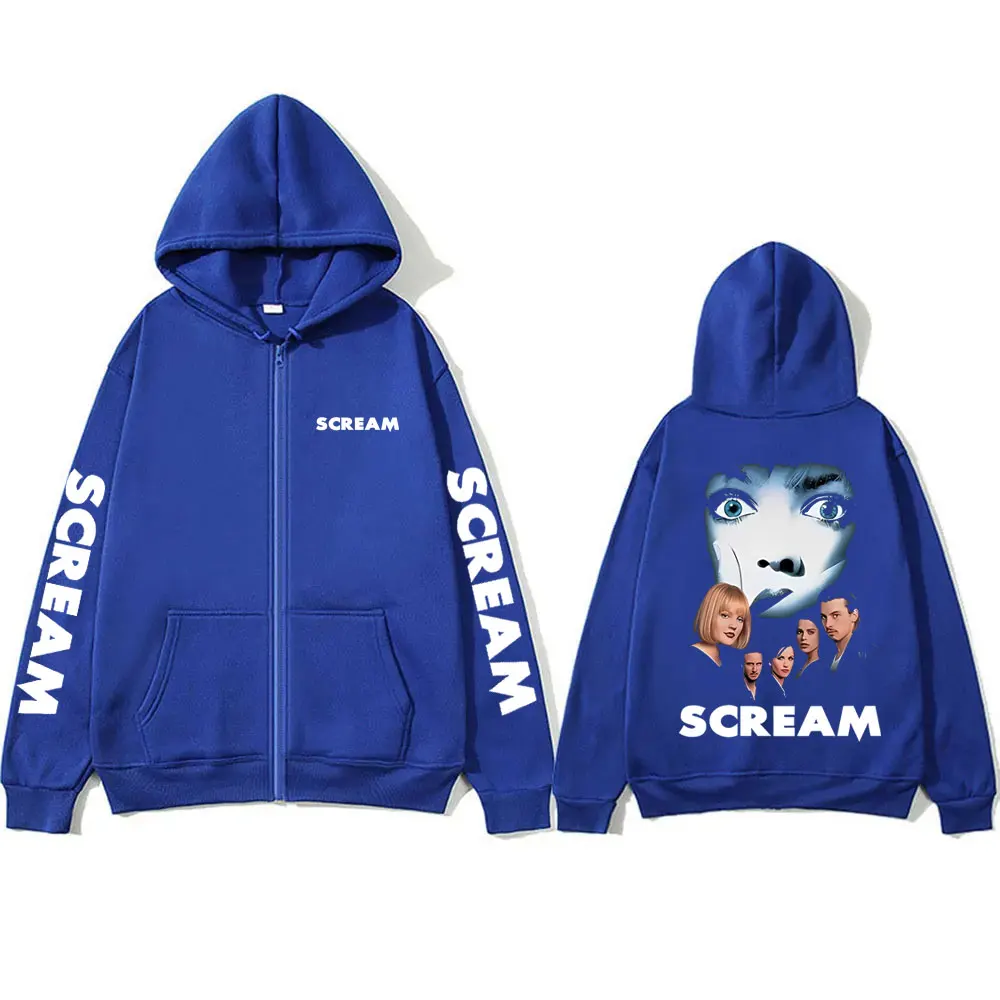 Horror Movie Scream Graphic Zipper Hoodie Billy Loomis Print Zip Up Jacket Men Women Hip Hop Vintage Oversized Zip Up Sweatshirt